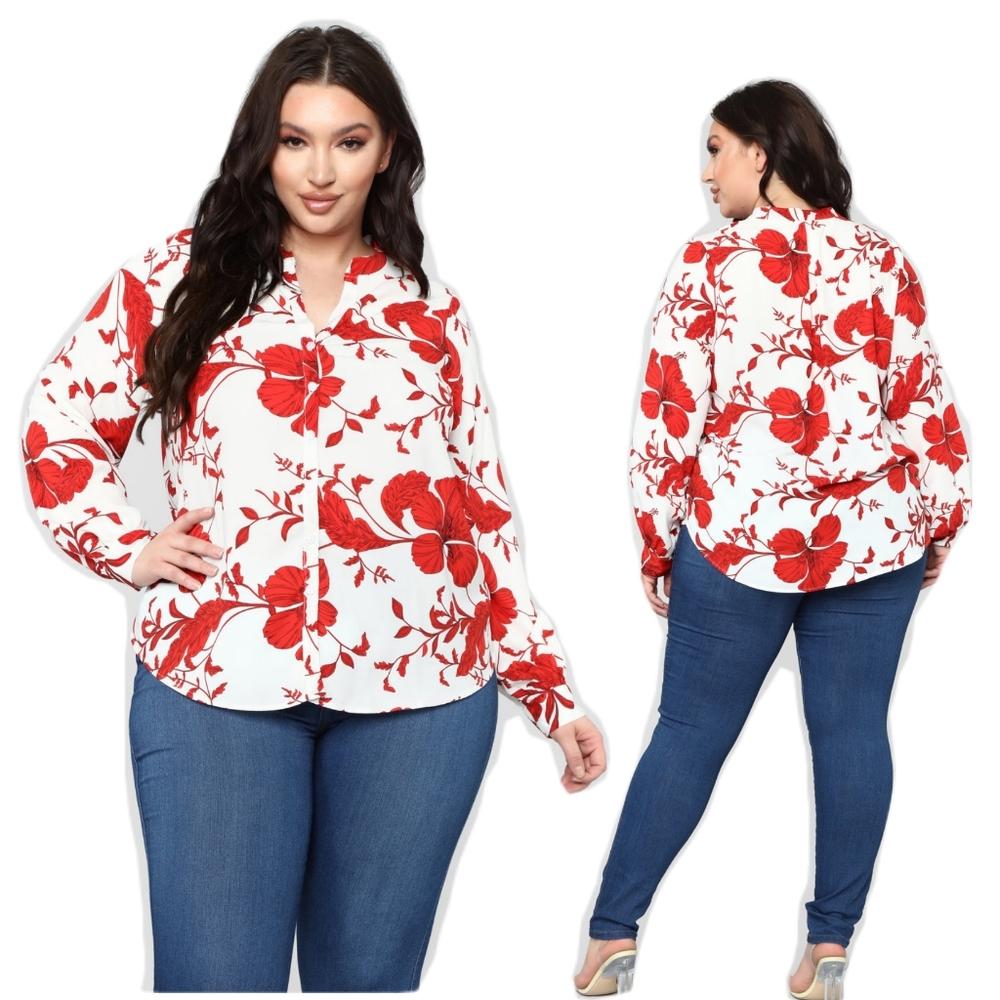 Plus Size Red/Ivory Button Down Floral Top - Picture 4 of 4